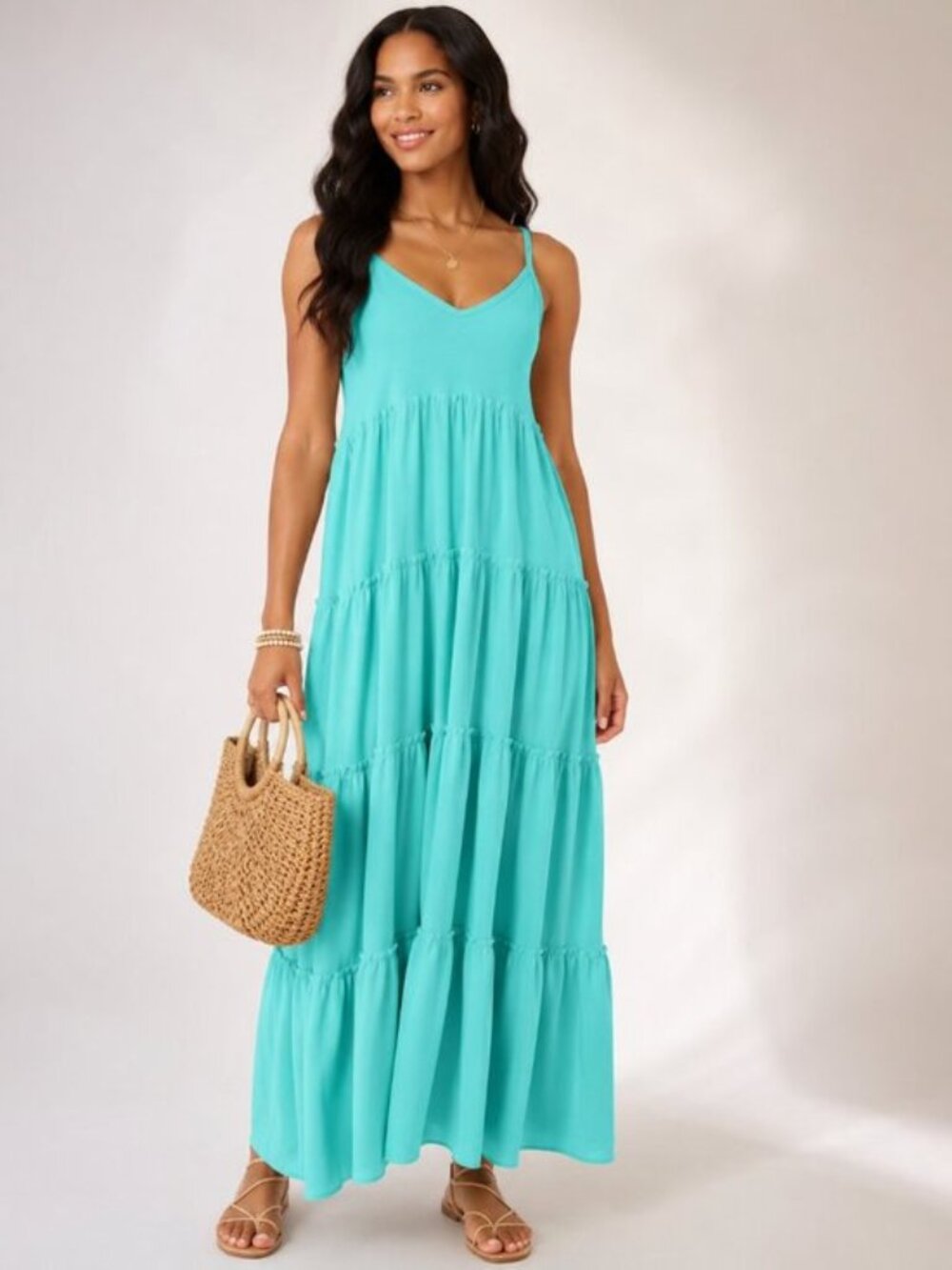 Zenana Turquoise Tiered Maxi Dress L V Neck Cami Adjustable Straps NWOT